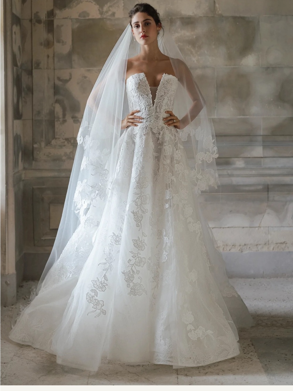 Elegant White Lace Strapless Wedding Dress with Veil